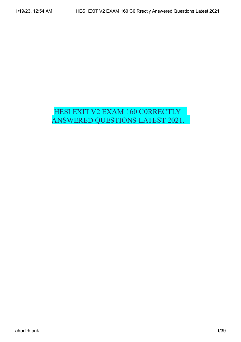 Preview image for HESI EXIT V2 EXAM 160 C0 Rrectly Answered Questions Latest 2021